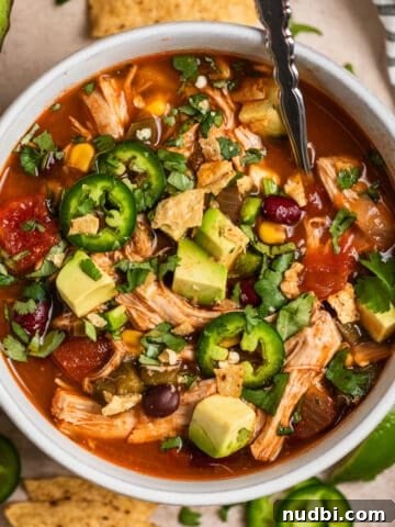 Overhead view of bowl that has chicken soup with beans, peppers, corn, etc.