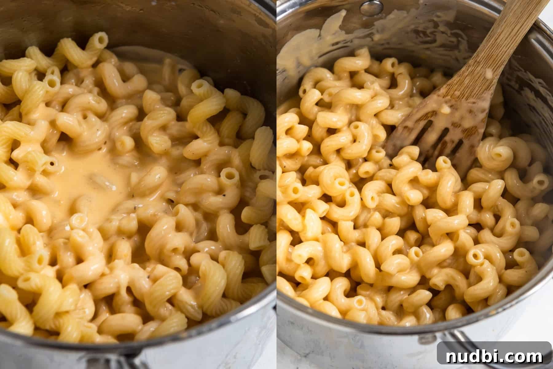 Creamy Cheddar and Gruyère Macaroni Bake 6 Pot with cheese sauce poured over pasta and then stirred together.