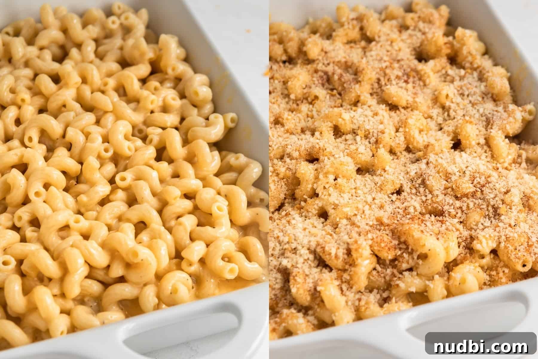 Creamy Cheddar and Gruyère Macaroni Bake 7 Gruyere mac and cheese in casserole dish before baking with breadcrumbs on top.