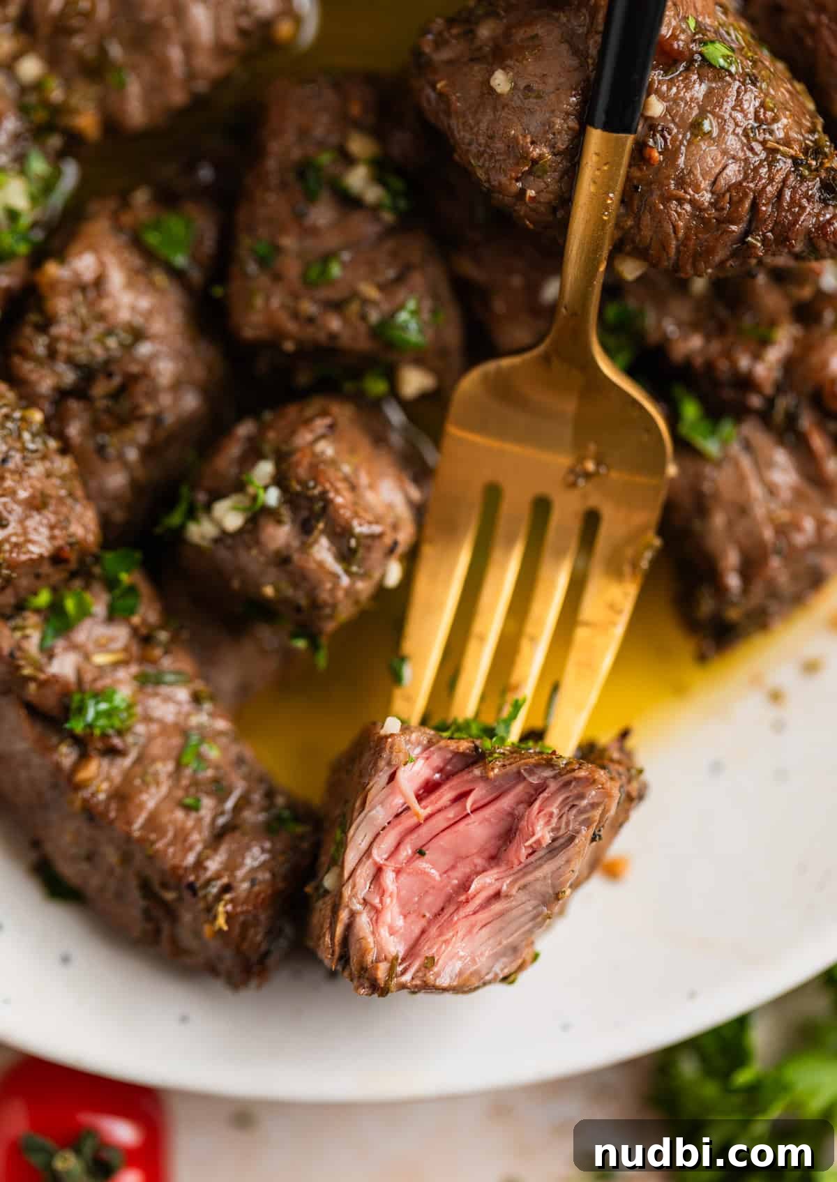 Crispy Air Fryer Steak Bites with Garlic Butter Dip 4 Piece of steak on fork with other steak chunks to show the inside of the meat.