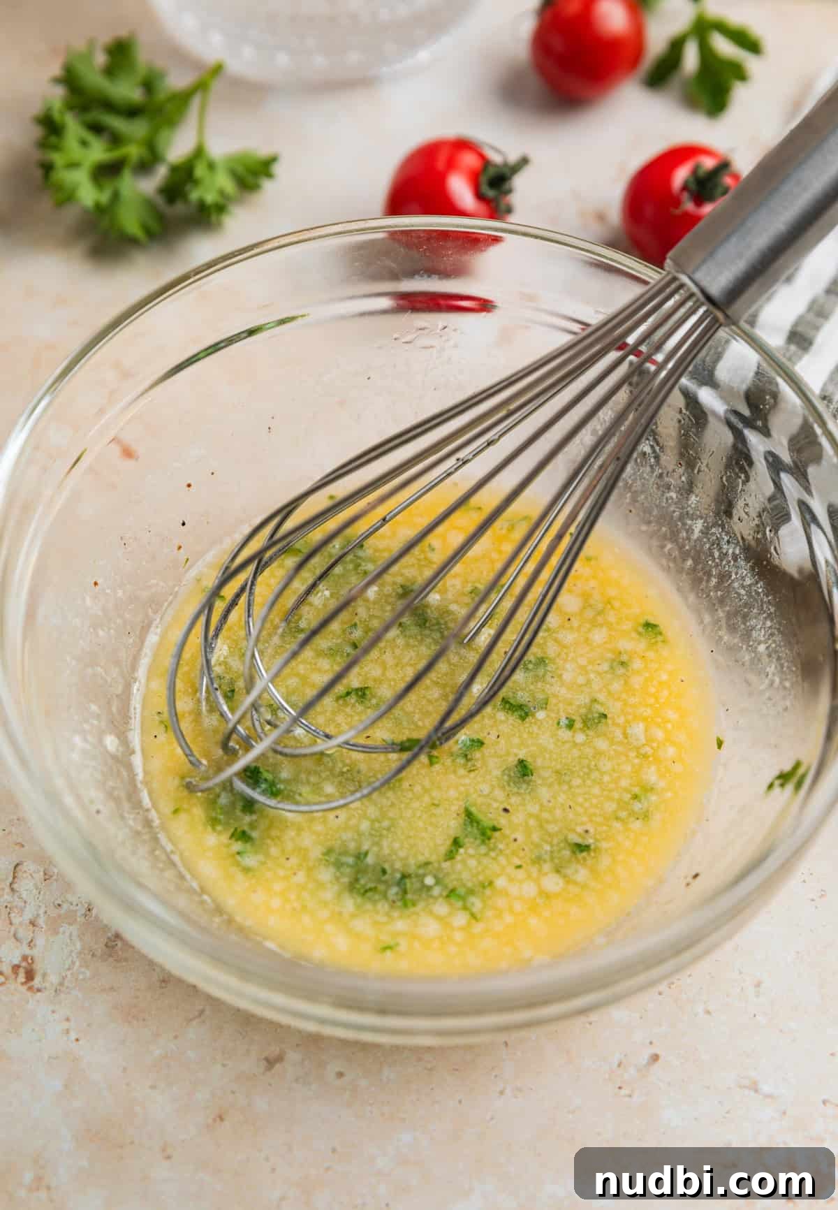 Crispy Air Fryer Steak Bites with Garlic Butter Dip 10 Lemon garlic butter sauce in glass bowl with whisk.