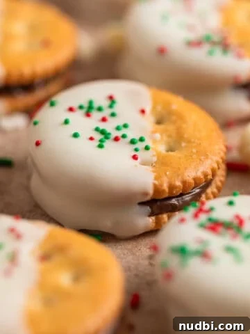 Nutella stuffed Ritz crackers dipped in white chocolate and covered with Christmas sprinkles.
