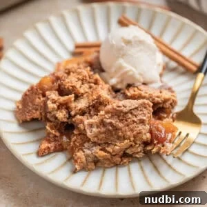 Apple dump cake recipe scooped on dessert dish with scoop of vanilla ice cream and cinnamon sticks.