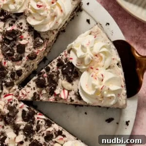 No‑Bake Peppermint Oreo Cheesecake Recipe for the Holidays 20 Peppermint Oreo cheesecake slice on spatula before being pulled from the pie dish.