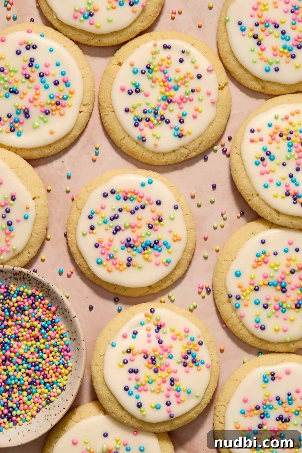 Soft and Chewy Eggless Sugar Cookies Recipe 2 Overhead view of egg free sugar cookies with icing and sprinkles.