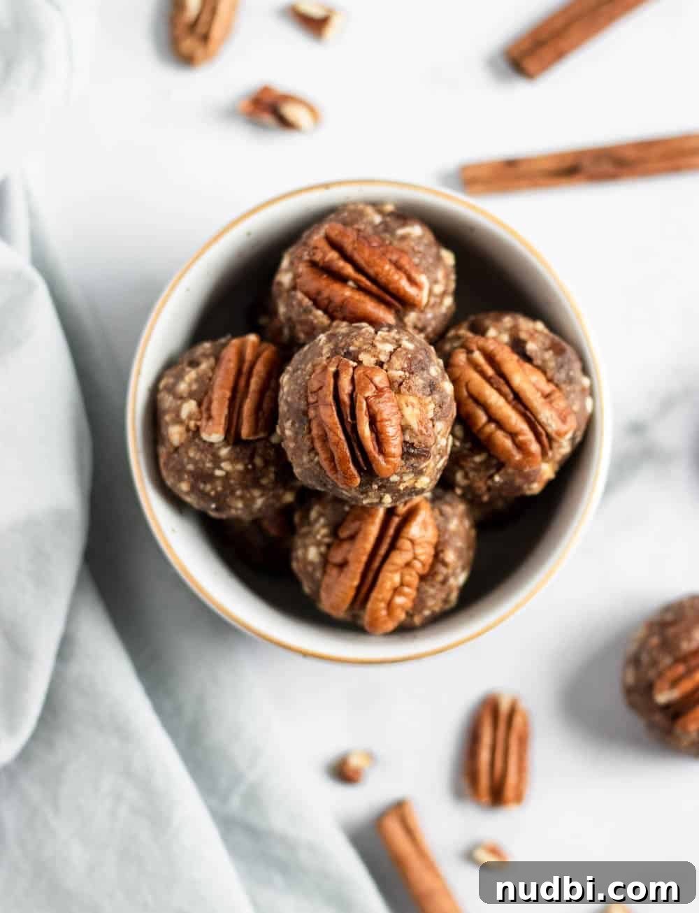 Pecan Pie Energy Bites: No-Bake Snack for Lasting Energy 5 Overhead view of bowl of pecan pie energy bites.
