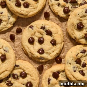 Top Christmas Cookie Recipes to Bake This Holiday Season 20 Chocolate chip cookies arranged on brown parchment paper with chocolate chips.