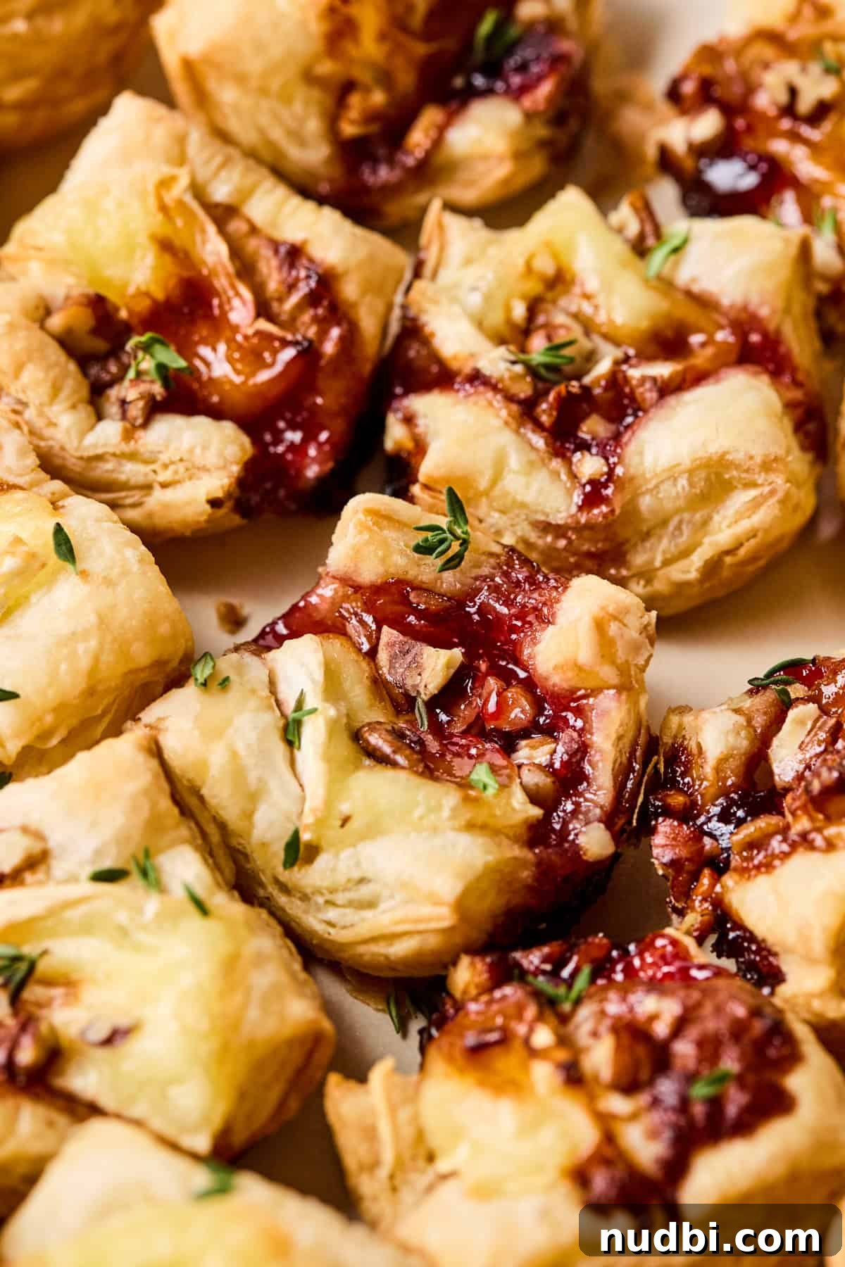 Melted Brie Puff Pastry Bites with Honey & Thyme 2 Puff pastry brie bites on plate topped with fresh thyme.