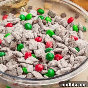 Festive Holiday Appetizers and Party Snacks Guide 23 Bowl with holiday mint chocolate puppy chow.