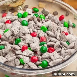 Bowl with holiday mint chocolate puppy chow.