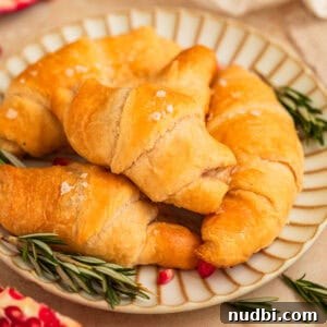 Festive Holiday Appetizers and Party Snacks Guide 6 Crescent rolls with sea salt on top on plate.