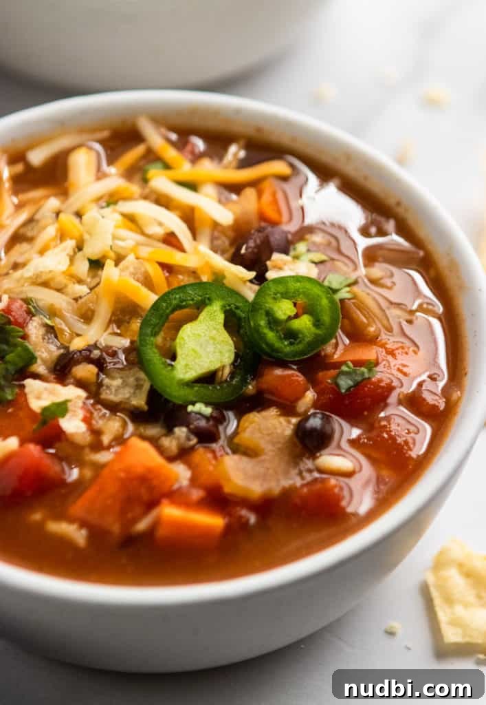 Hearty Black Bean and Rice Soup Recipe for Cozy Weeknights 5 Close up shot of bowl of soup.