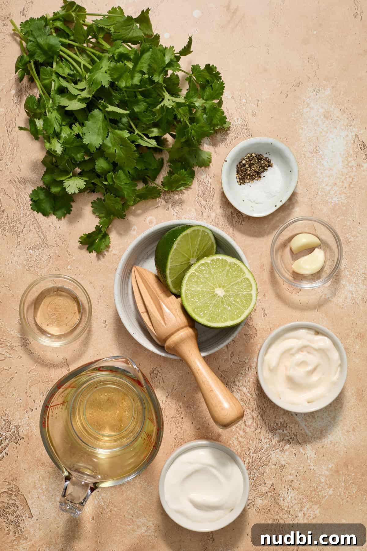 Shrimp Taco Salad with Creamy Cilantro-Lime Dressing 4 Cilantro, halved lime, sea salt, mayo and other dressing ingredients.