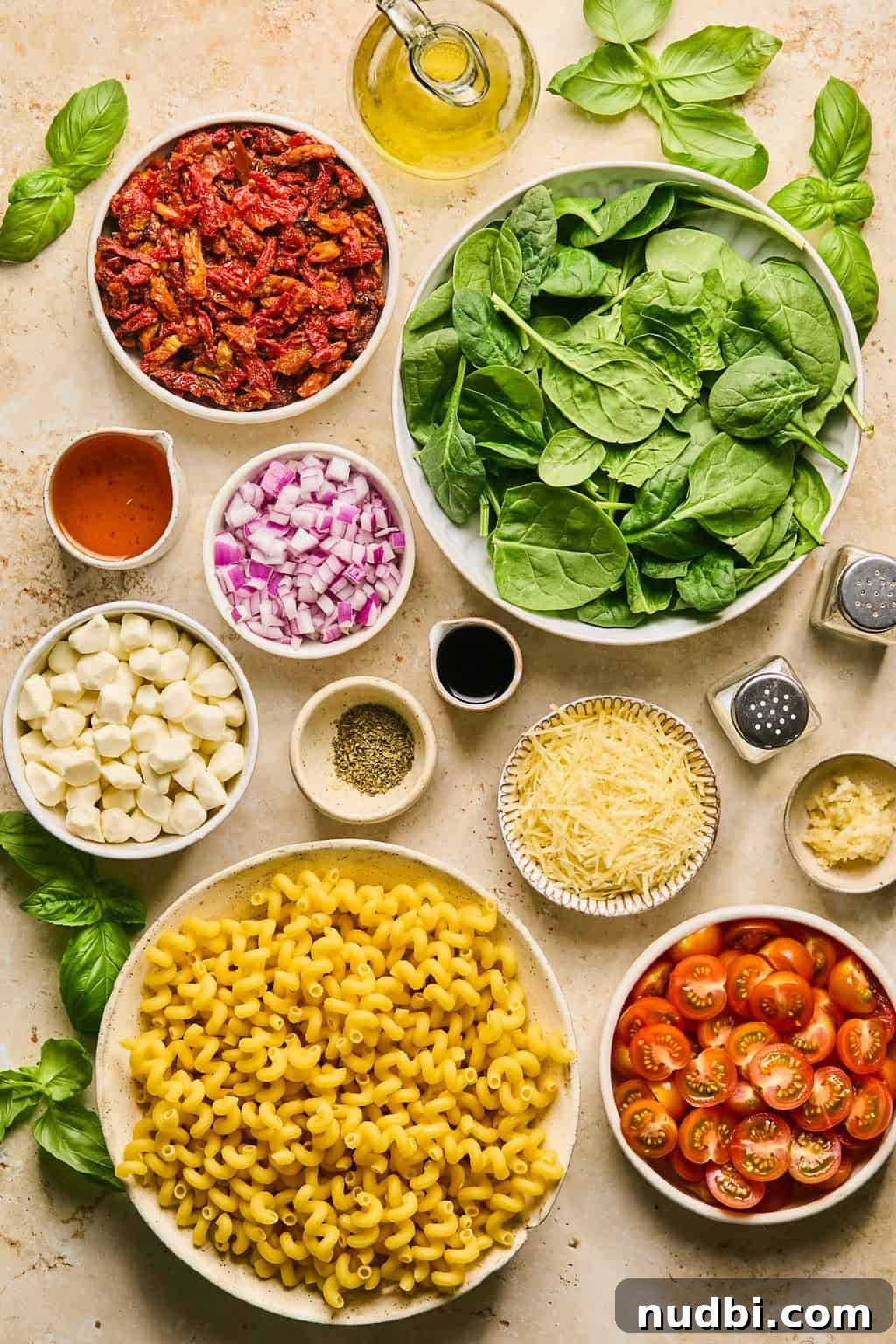 Sun-Dried Tomato Pasta Salad with Fresh Basil & Feta 4 Spinach, pasta, parmesan cheese, olive oil and other ingredients arranged on surface.