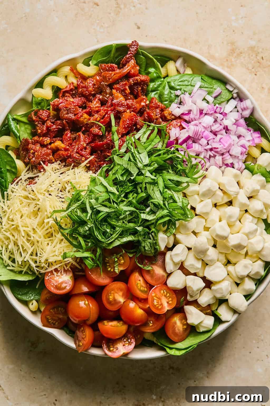 Sun-Dried Tomato Pasta Salad with Fresh Basil & Feta 6 Pasta in bowl topped with mozzarella pearls, onions, shredded parmesan and other ingredients.