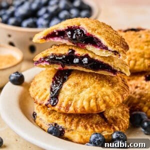 Stack of blueberry hand pies with top broken in half.