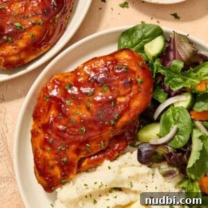 Air fryer barbecue chicken breast on plate with sides.