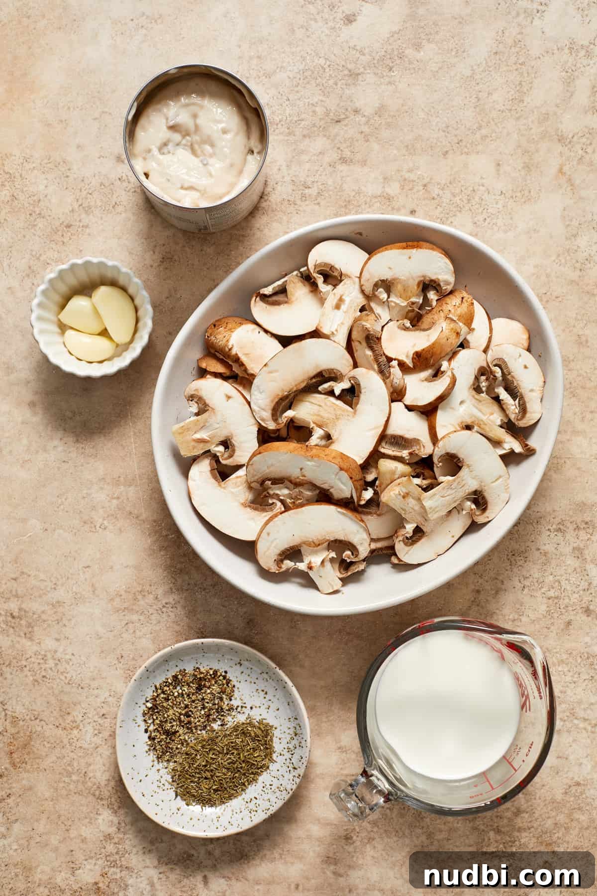 Creamy Mushroom Pork Chops with Garlic and Thyme 6 Ingredients to make creamy mushroom sauce on surface.