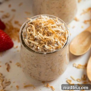 Creamy Overnight Oats Recipes for Quick Healthy Breakfasts 14 Coconut cream pie overnight oatmeal in a jar topped with toasted coconut.