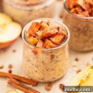 Creamy Overnight Oats Recipes for Quick Healthy Breakfasts 17 Apple overnight oats in jar topped with cinnamon apples.