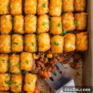 Cozy Dinner Recipes for Comforting Weeknight Meals 32 Pan with tater tot shepherds pie with serving utensil scooping in.