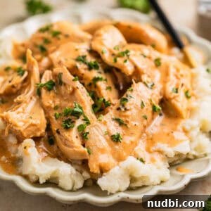 Cozy Dinner Recipes for Comforting Weeknight Meals 7 Slow cooker honey mustard chicken served over top mashed potatoes.