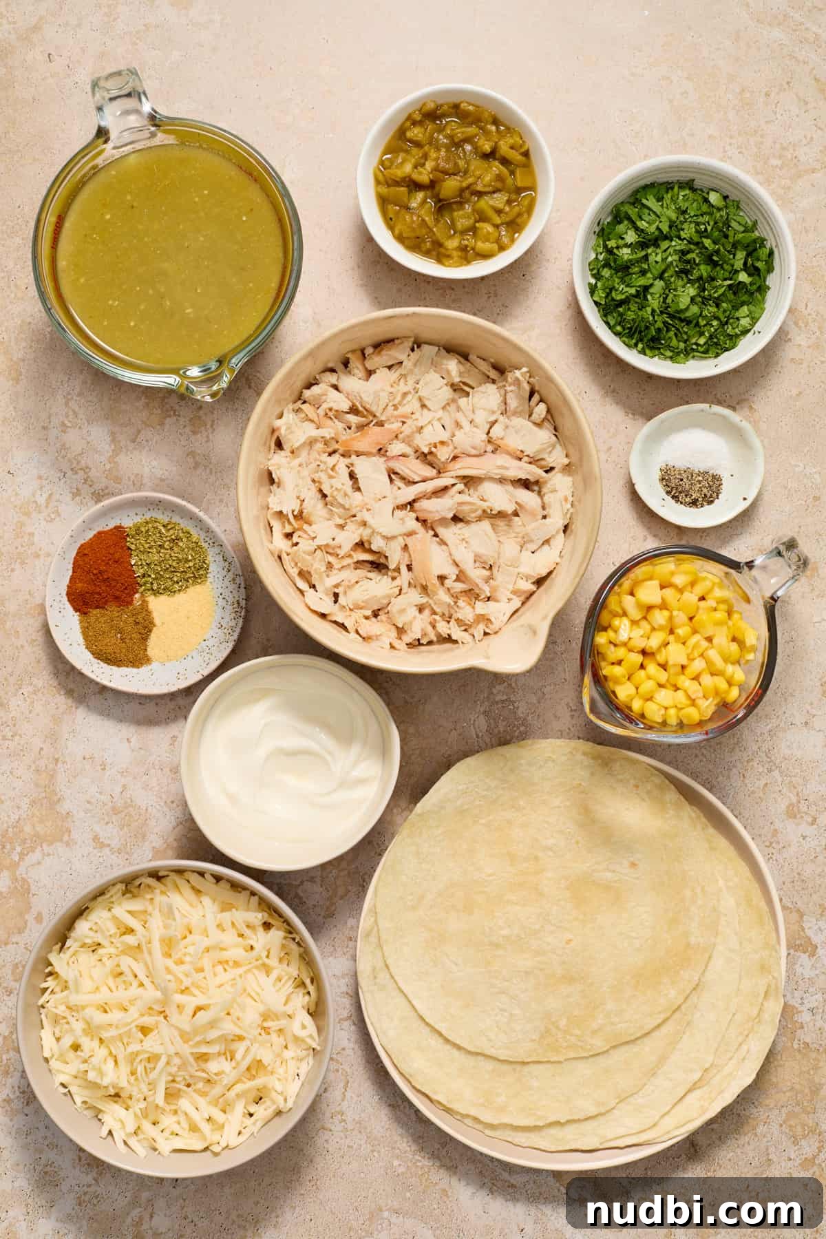 Authentic Green Salsa Chicken Enchiladas Recipe 3 Ingredients to make green chicken enchiladas on counter.