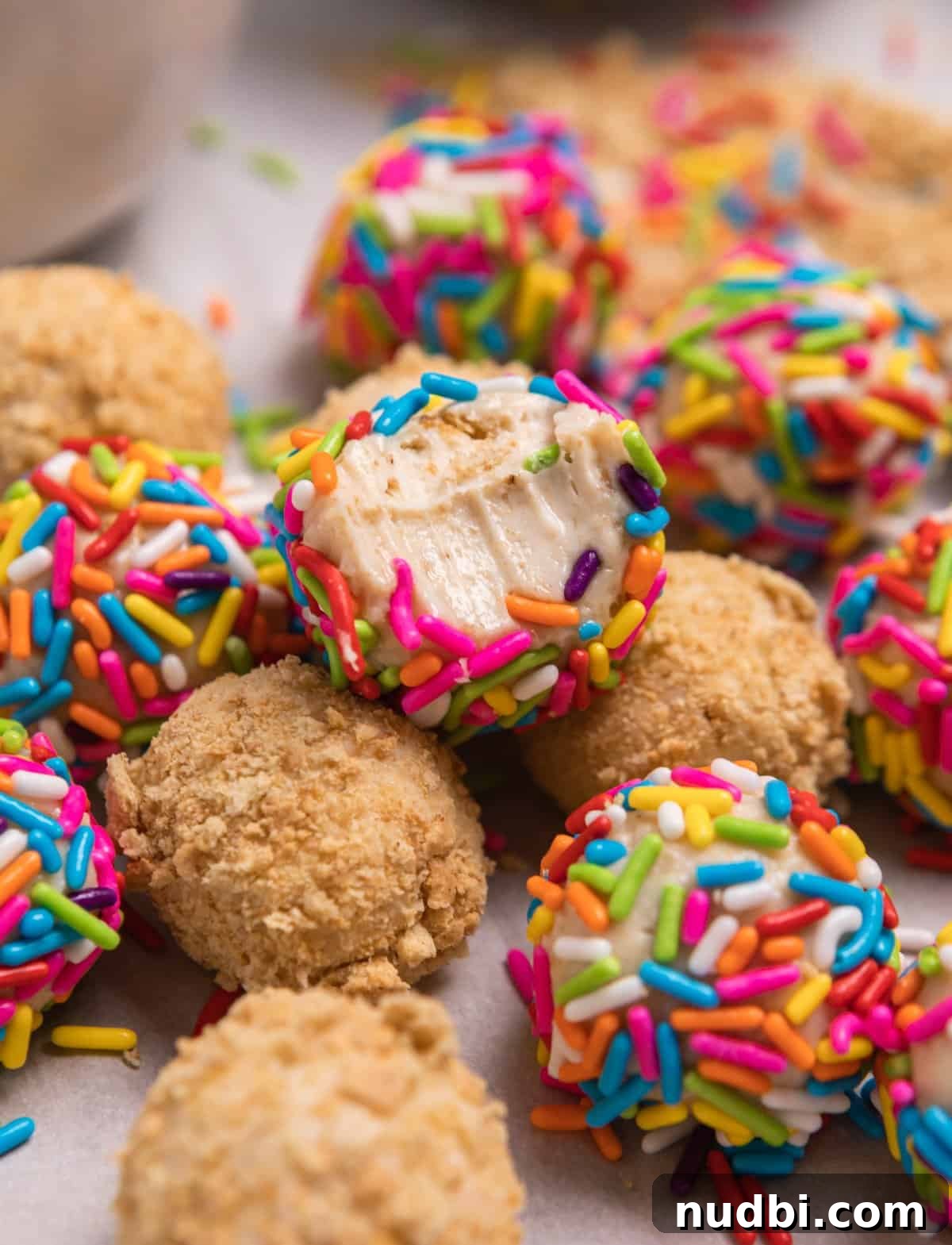 No-Bake Mini Cheesecake Bites: Easy Dessert Balls Recipe 2 Cheesecake balls covered in sprinkles and crushed graham crackers with bite taken out of one ball.
