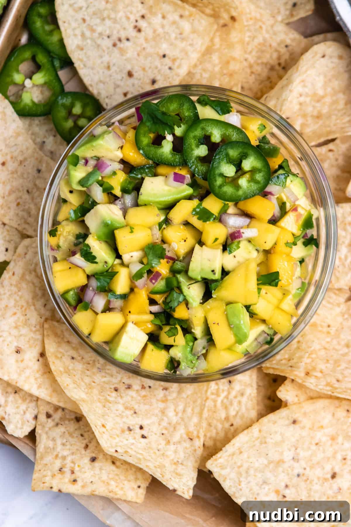 Mango and Avocado Salsa Recipe — Fresh Tropical Dip Guide 2 Mango avocado salsa in bowl with jalapeño and chips surrounding.