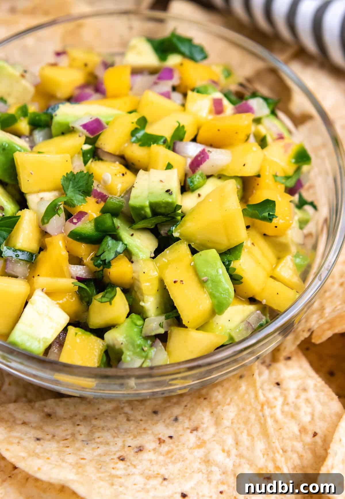 Mango and Avocado Salsa Recipe — Fresh Tropical Dip Guide 5 Mango Salsa in bowl with chips with cilantro on top.