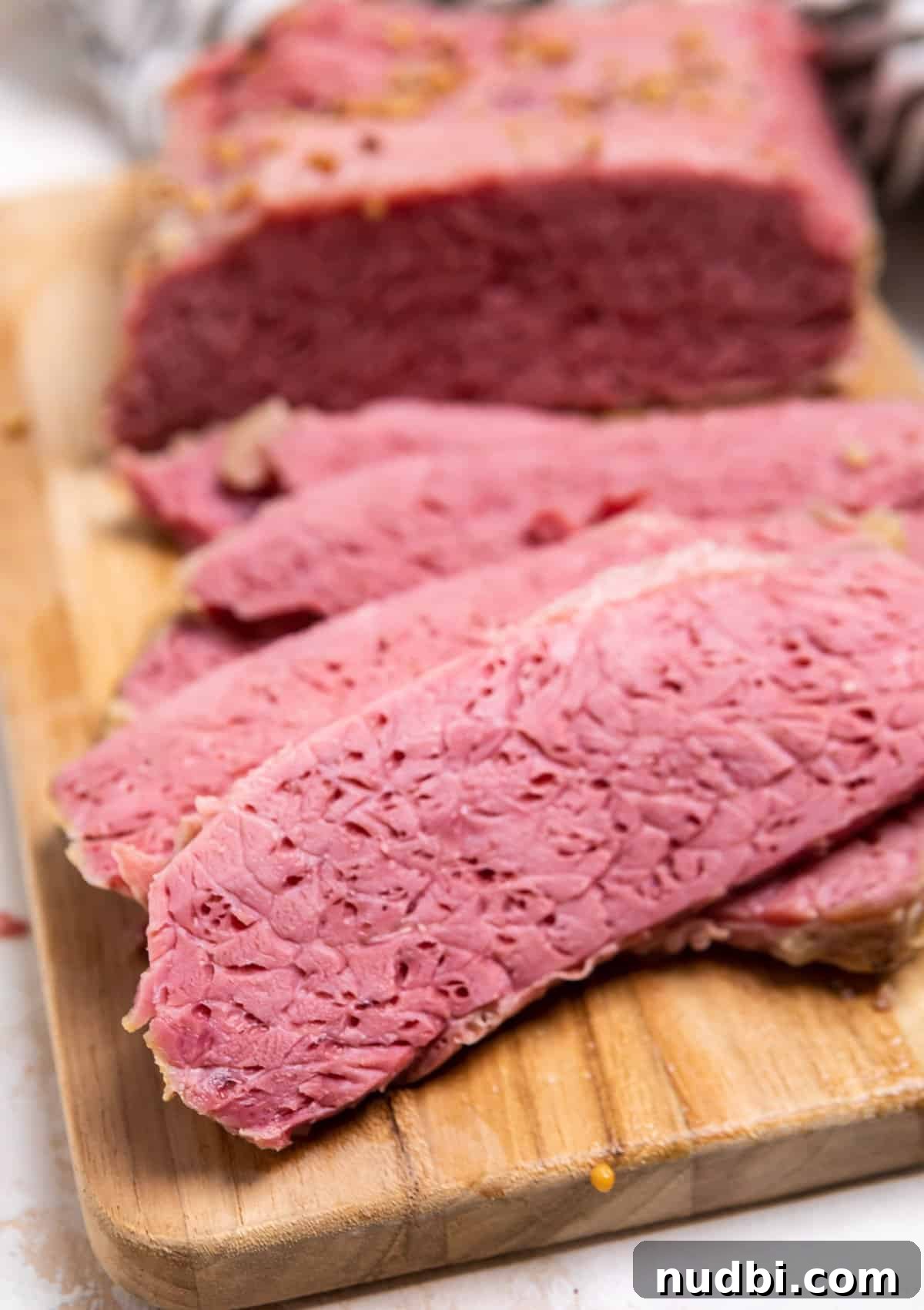 Classic Reuben Sliders with Melted Swiss and Tangy Sauerkraut 3 Corned beef sliced on cutting board.