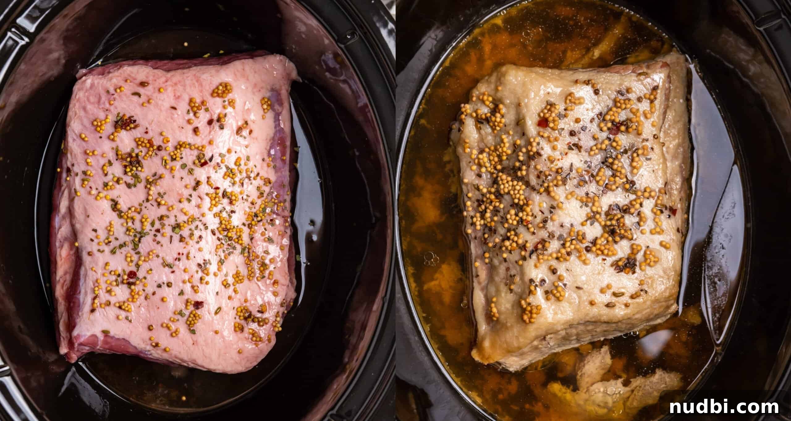 Classic Reuben Sliders with Melted Swiss and Tangy Sauerkraut 4 Corned beef brisket in slow cooker before and then after cooked,