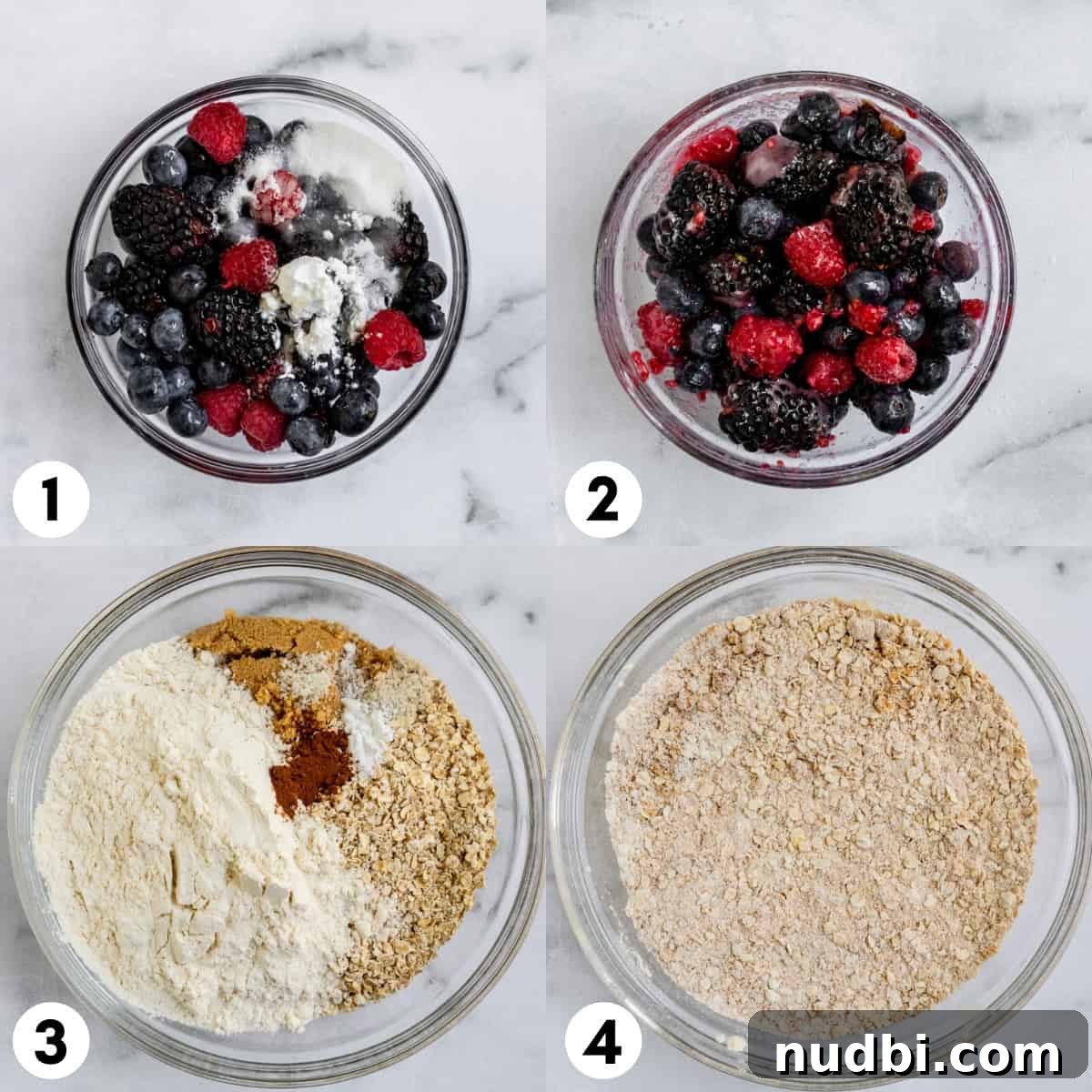 Mixed Berry Crumble Bars Recipe with Oat Streusel Topping 5 Berries and sugar in bowl and oats and flour in another.