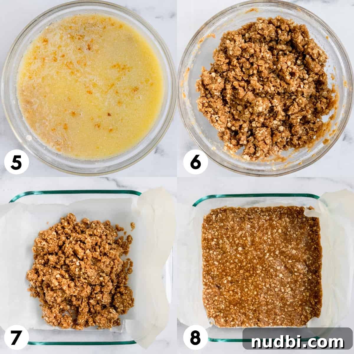 Mixed Berry Crumble Bars Recipe with Oat Streusel Topping 6 Butter and oats mixture in bowl and oat mixture pressed into baking pan.