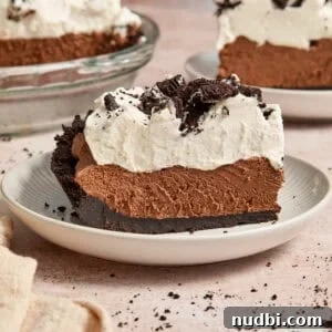 No-Bake Chocolate Cream Pie Recipe for Rich, No-Fuss Dessert 15 Slice of chocolate pie with chocolate Oreo crust and whipped cream topping.