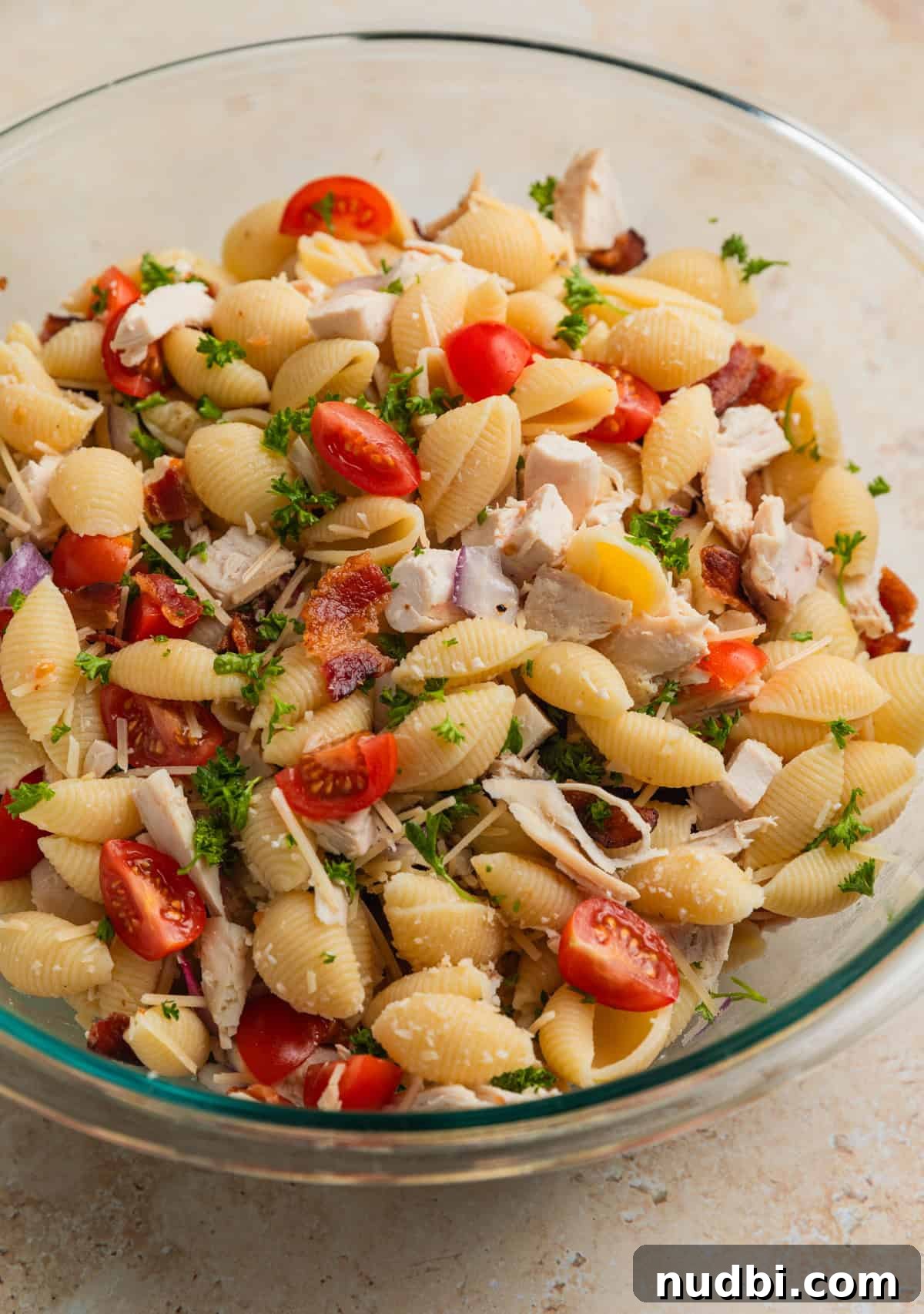 Chicken, Bacon & Ranch Pasta Salad Recipe for Summer Meals 7 Tossed chicken bacon ranch pasta salad ingredients before dressing is added.