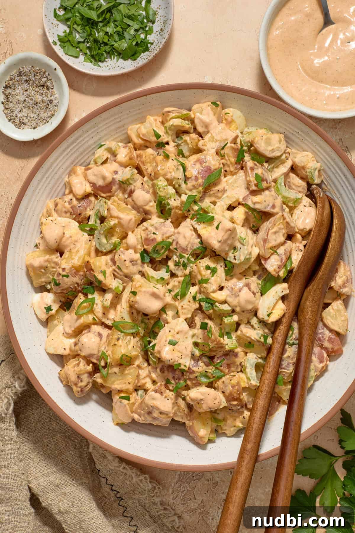 Cajun Potato Salad Recipe with Zesty Dressing and Bacon 2 Cajun potato salad in dish with serving utensils propped in bowl.