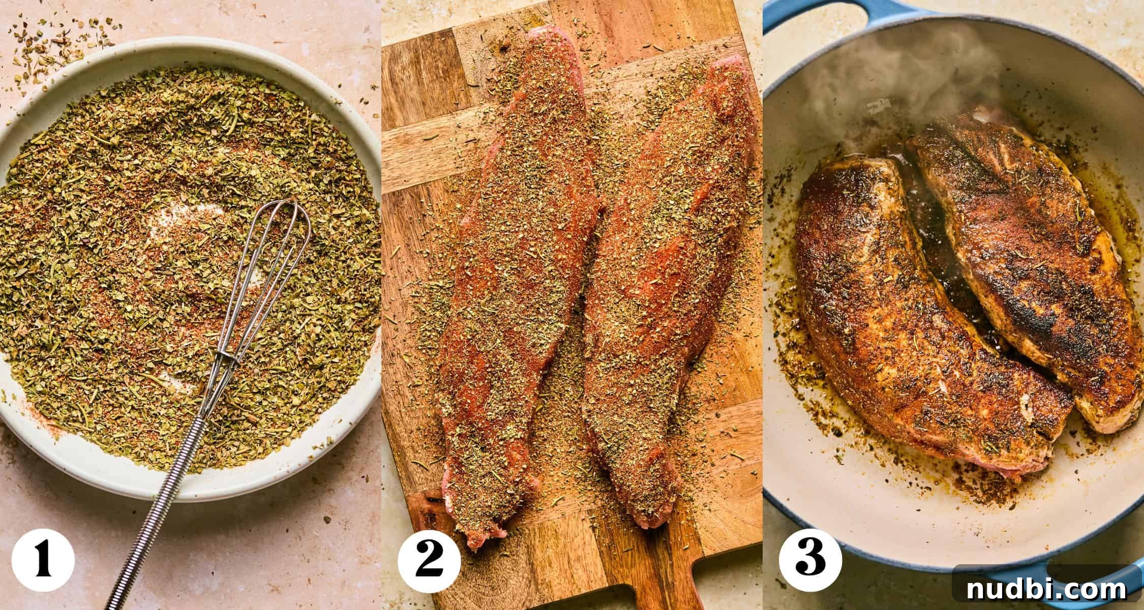 Juicy Pork Tenderloin in a Dutch Oven: Simple Oven-Braised Recipe 4 Pork tenderloin rub in bowl and then covering pork tenderloin on wood board. In third photo, pork is seared in pan.