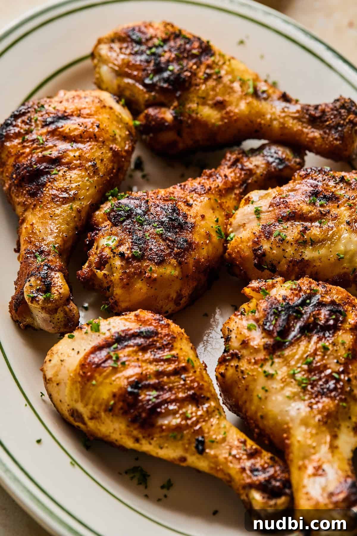 Crispy Grilled Chicken Drumsticks with Smoky BBQ Flavor 11 Grilled chicken legs on white dish with tongs and chopped parsley on top.