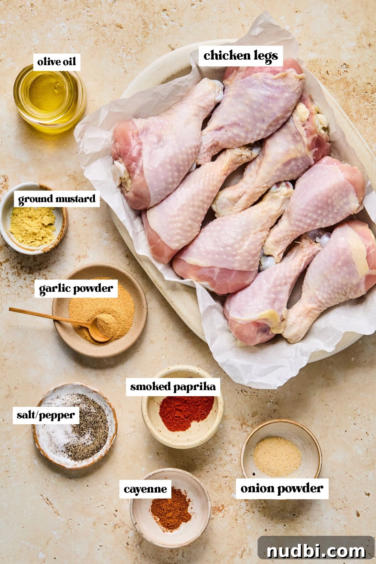 Crispy Grilled Chicken Drumsticks with Smoky BBQ Flavor 4 Labeled ingredients on surface for grilled chicken drumsticks.