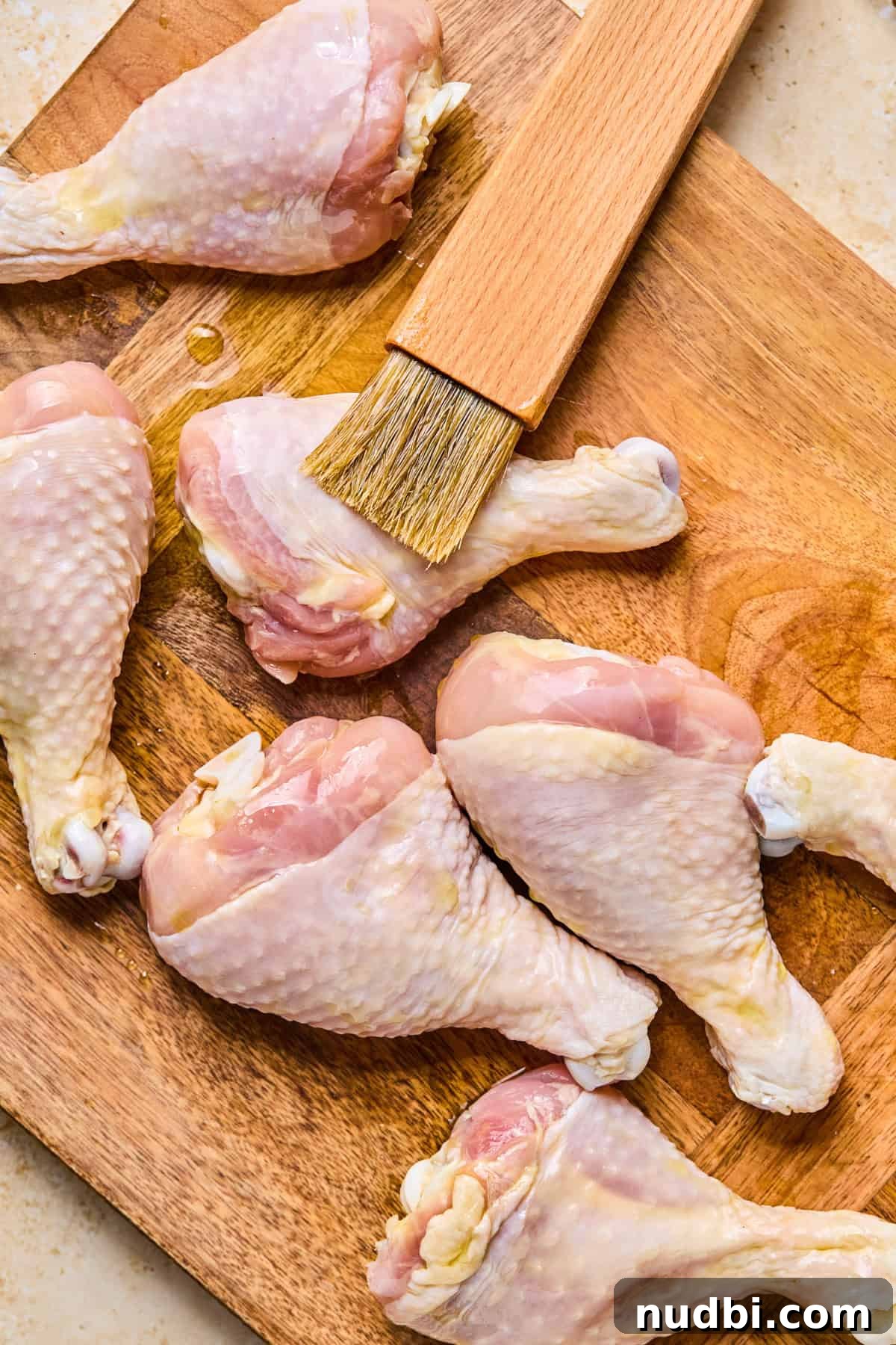 Crispy Grilled Chicken Drumsticks with Smoky BBQ Flavor 5 Chicken legs being rubbed by oil with brush.