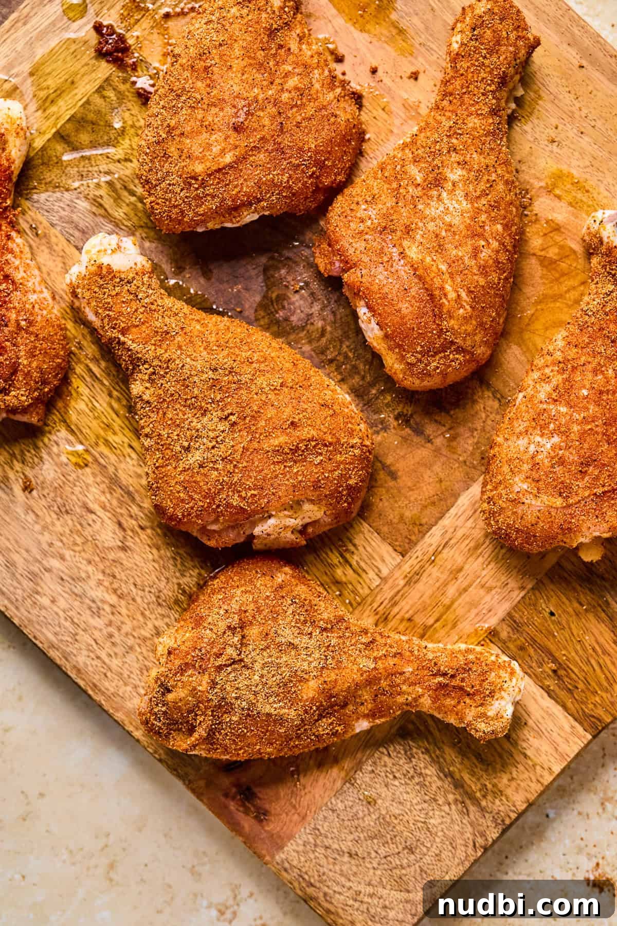 Crispy Grilled Chicken Drumsticks with Smoky BBQ Flavor 7 Chicken legs with spice rub covering them before cooking.
