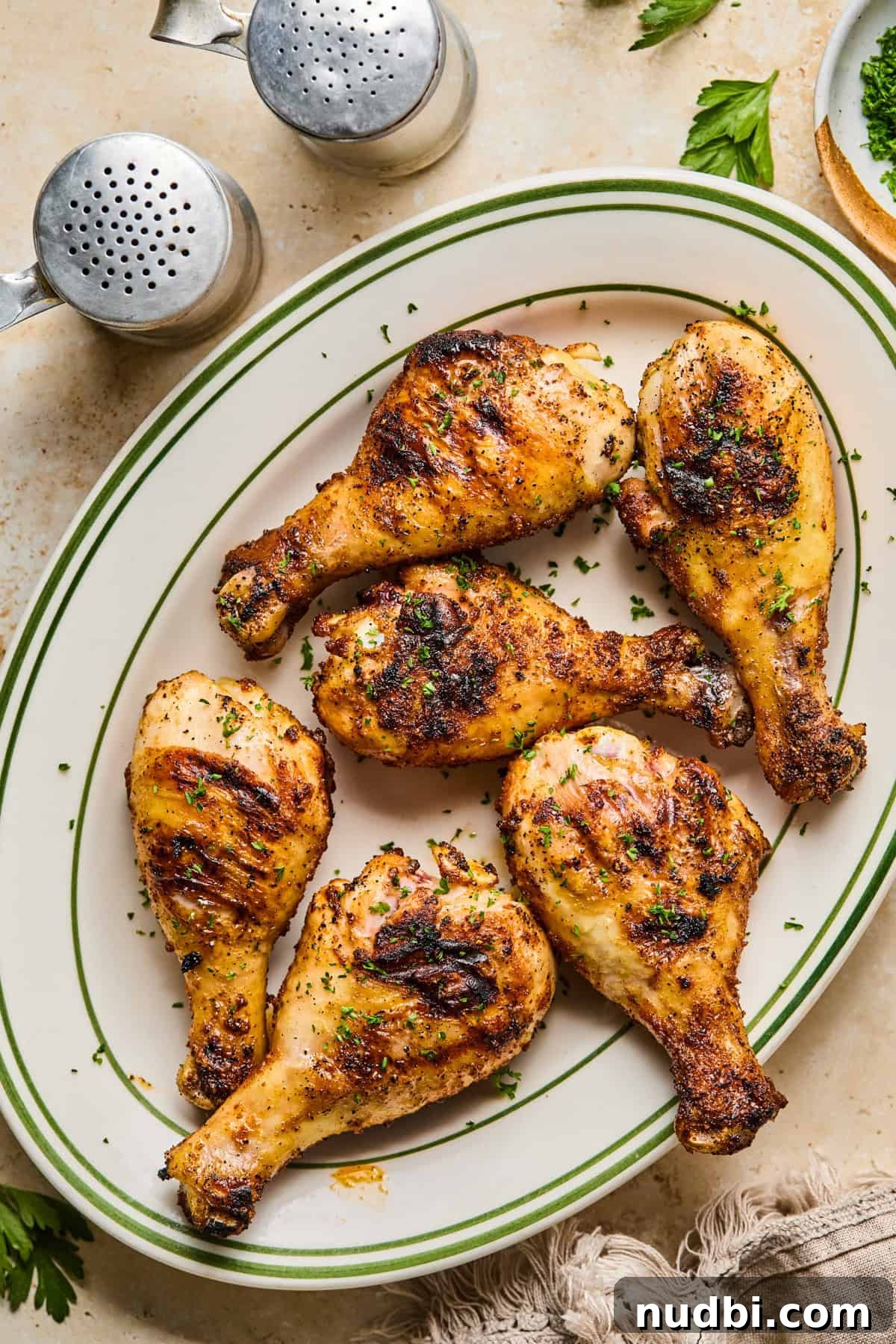 Crispy Grilled Chicken Drumsticks with Smoky BBQ Flavor 10 Grilled chicken legs resting on plate.
