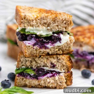 Stacked grilled goat cheese sandwich on counter with blueberries and basil.