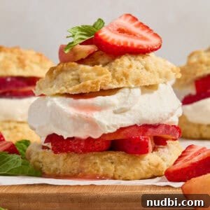 Layered biscuit, strawberries, peaches and whipped cream topped with fresh mint and berries.