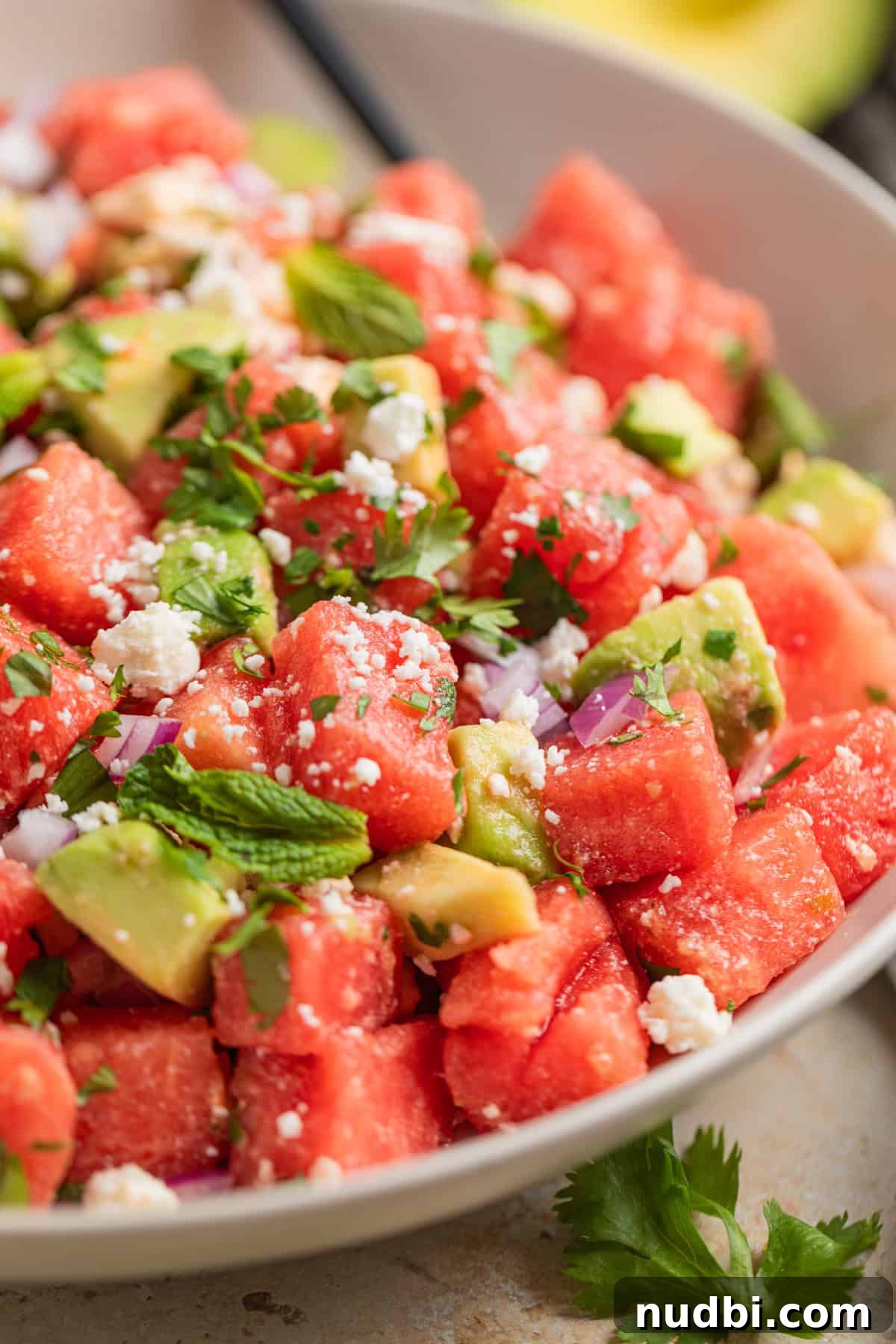 Watermelon and Avocado Salad with Feta and Mint 2 Watermelon avocado salad with feta and cilantro on top in bowl with spoon.