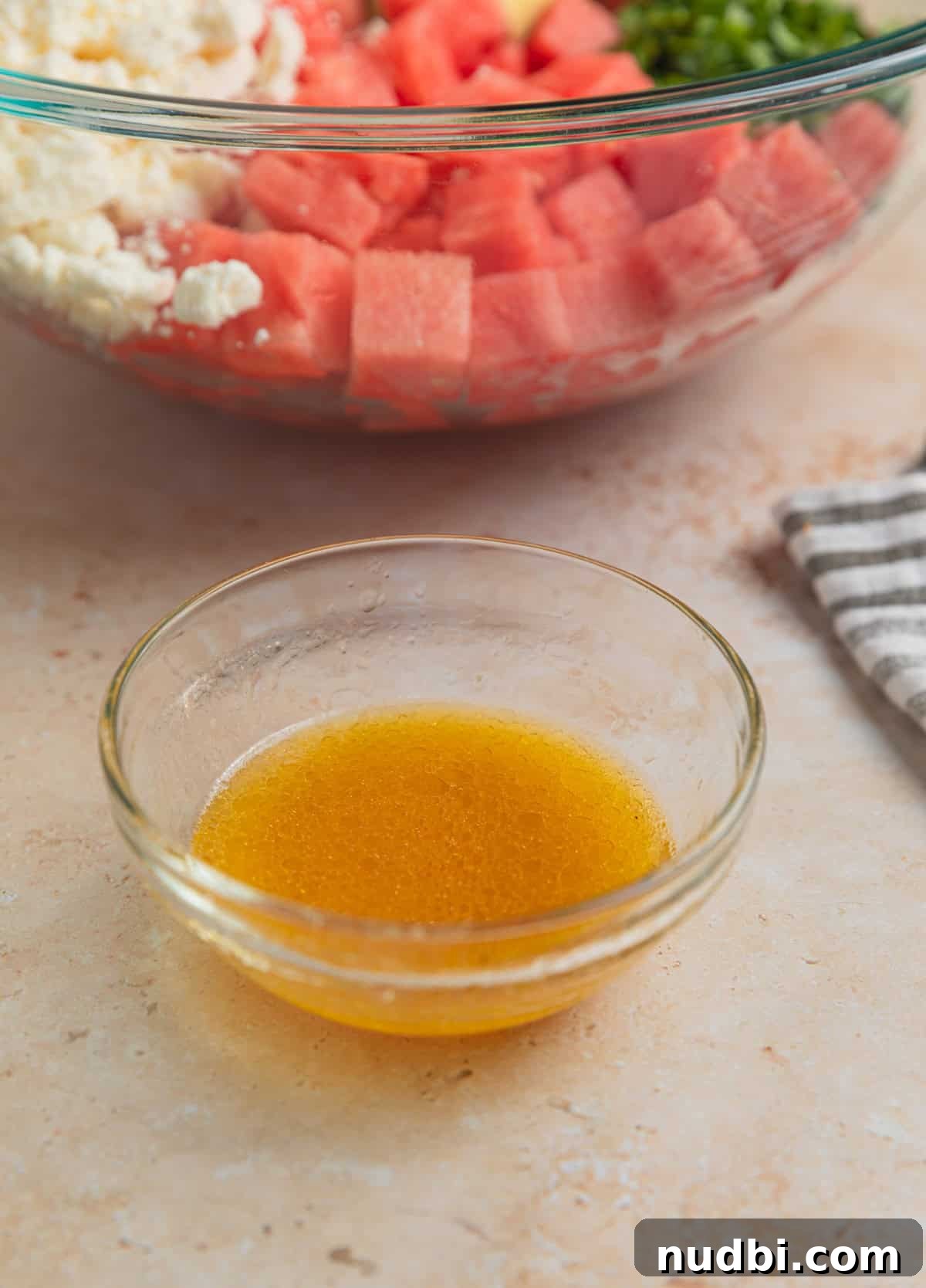 Watermelon and Avocado Salad with Feta and Mint 6 Olive oil, lime juice and vinegar mixed in small dish.