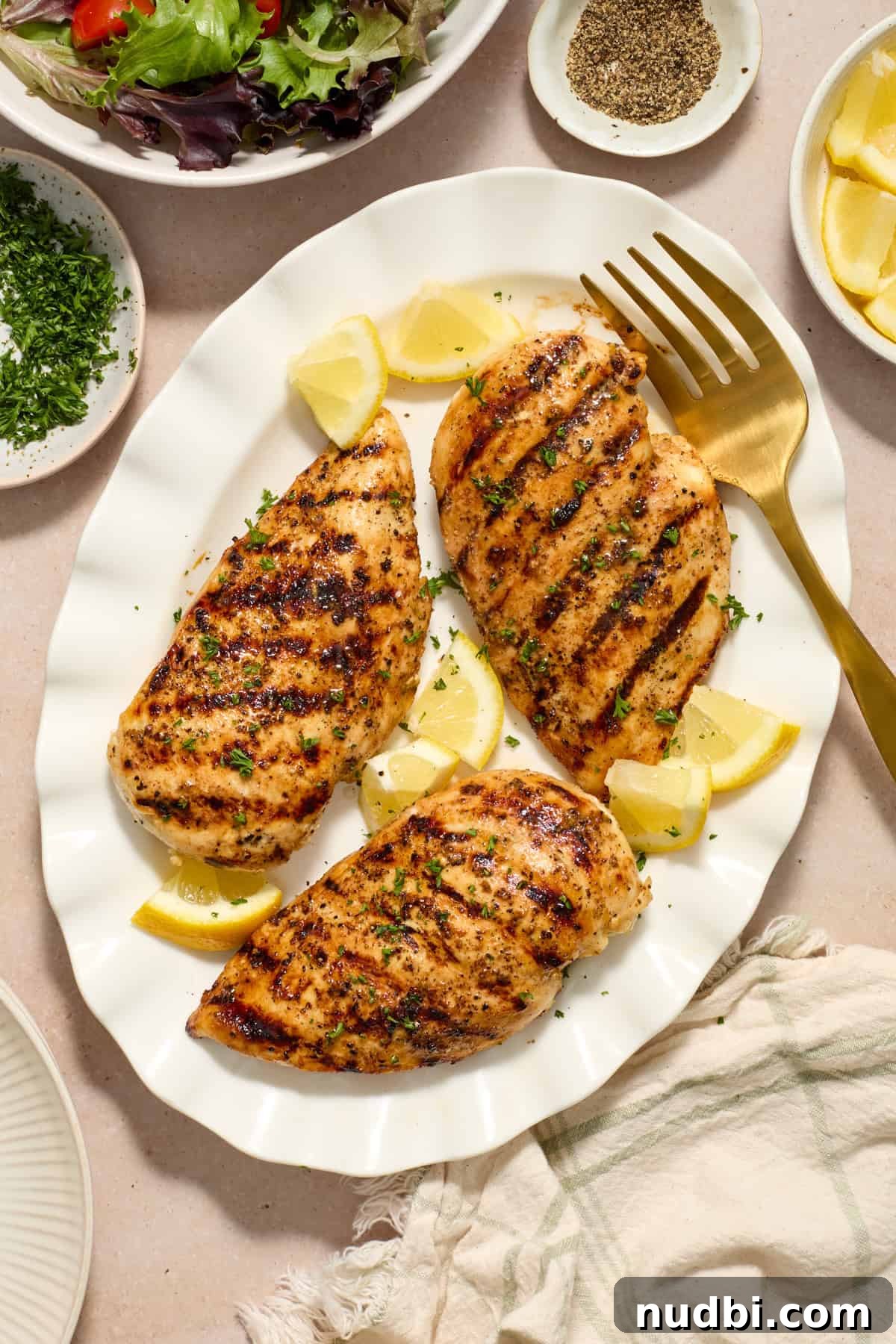 Lemon Pepper Grilled Chicken Recipe – Zesty Weeknight Dinner 2 Lemon pepper grilled chicken on white serving platter with lemons.