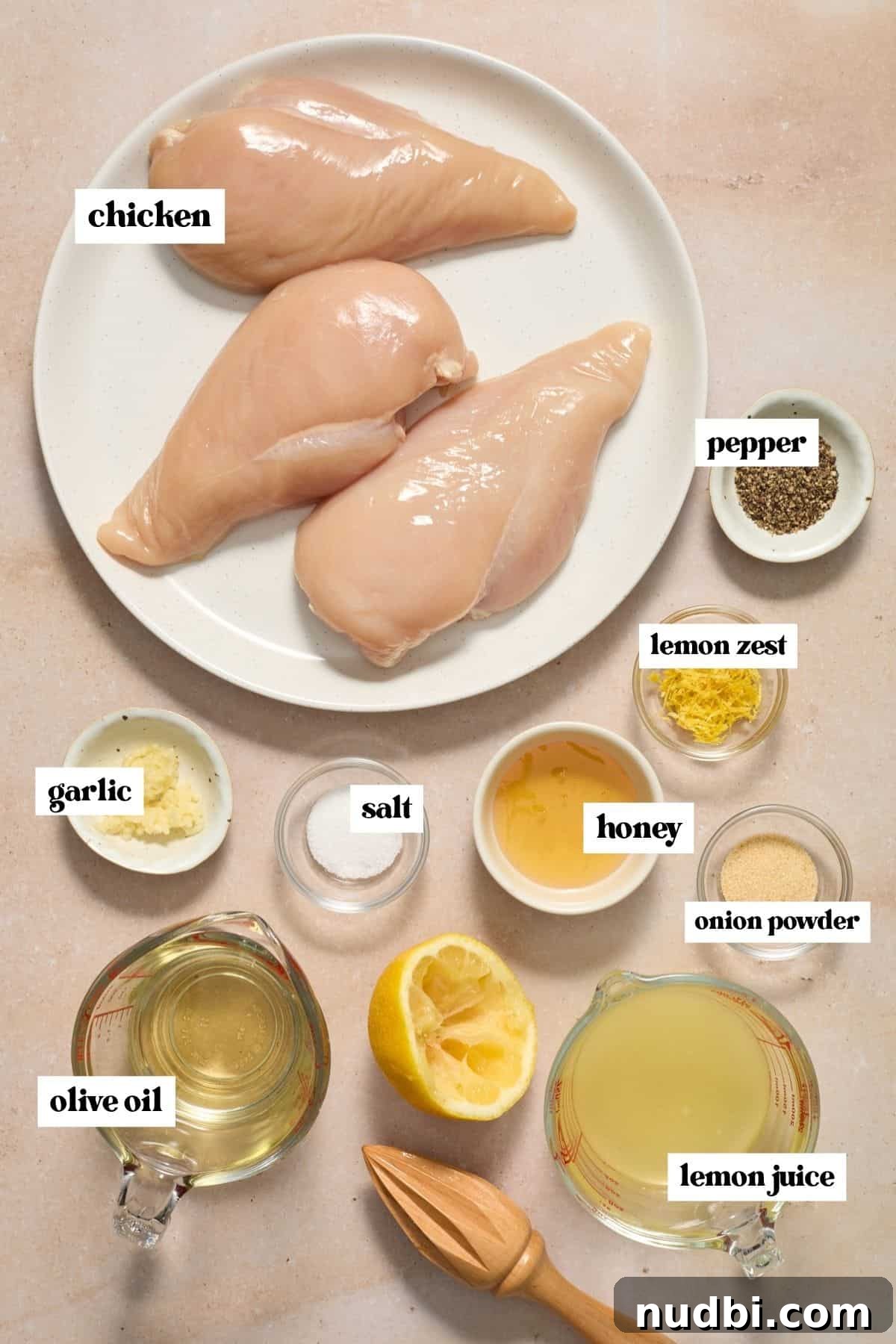 Lemon Pepper Grilled Chicken Recipe – Zesty Weeknight Dinner 3 Raw chicken breast, lemon juice, lemon zest, salt, pepper and other ingredients labeled on surface.