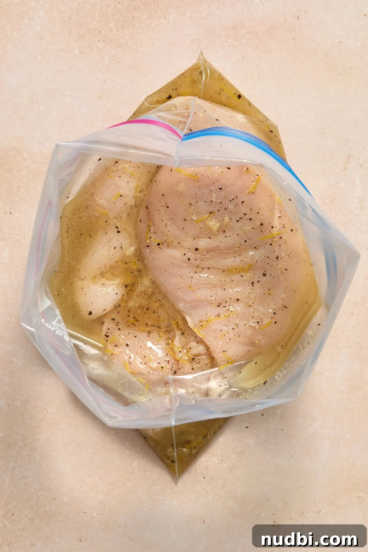 Lemon Pepper Grilled Chicken Recipe – Zesty Weeknight Dinner 6 Lemon pepper marinade added to bag with chicken breasts.
